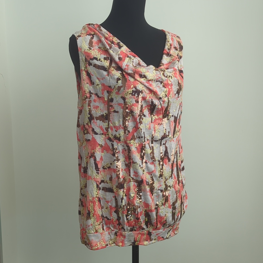 Style & Co Sequin Abstract Cowl Neck Sleeveless Blouse Coral Gold Bubble Hem